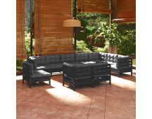 vidaXL 10 Piece Garden Lounge Set with Cushions Black Solid Pinewood