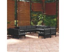 vidaXL 11 Piece Garden Lounge Set with Cushions Black Solid Pinewood