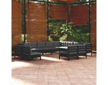 vidaXL 12 Piece Garden Lounge Set with Cushions Black Solid Pinewood