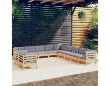 vidaXL 11 Piece Garden Lounge Set with Grey Cushions Solid Pinewood