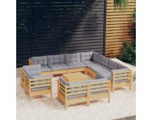 vidaXL 12 Piece Garden Lounge Set with Grey Cushions Solid Pinewood