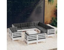 vidaXL 12 Piece Garden Lounge Set with Cushions White Solid Pinewood