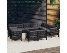 vidaXL 12 Piece Garden Lounge Set with Cushions Black Solid Pinewood