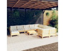 vidaXL 11 Piece Garden Lounge Set with Cream Cushions Pinewood