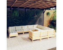 vidaXL 11 Piece Garden Lounge Set with Cream Cushions Pinewood