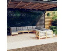 vidaXL 11 Piece Garden Lounge Set with Grey Cushions Pinewood