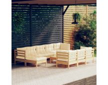 vidaXL 11 Piece Garden Lounge Set with Cream Cushions Solid Pinewood