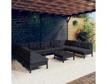 vidaXL 10 Piece Garden Lounge Set with Cushions Black Solid Pinewood