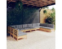 vidaXL 10 Piece Garden Lounge Set with Grey Cushions Solid Pinewood