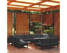 vidaXL 12 Piece Garden Lounge Set with Cushions Black Solid Pinewood