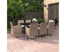 vidaXL 9 Piece Garden Dining Set with Cushions Poly Rattan and Glass