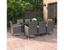 vidaXL 9 Piece Garden Dining Set with Cushions Poly Rattan and Glass