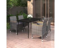 vidaXL 5 Piece Garden Dining Set with Cushions Poly Rattan and Glass