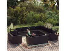 vidaXL 12 Piece Garden Lounge Set with Cushions Black Poly Rattan