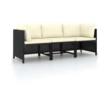 vidaXL 3-Seater Garden Sofa with Cushions Black Poly Rattan