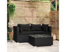 vidaXL 3 Piece Garden Lounge Set with Cushions Black Poly Rattan