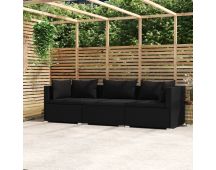 vidaXL 3-Seater Sofa with Cushions Black Poly Rattan