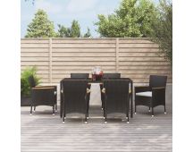 vidaXL 7 Piece Garden Dining Set with Cushions Black Poly Rattan