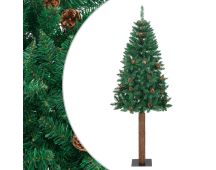 vidaXL Slim Christmas Tree with Real Wood and Cones Green 210 cm PVC