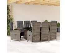 vidaXL 9 Piece Garden Dining Set with Cushions Grey Poly Rattan