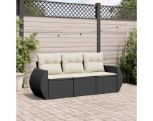 vidaXL 3 Piece Garden Sofa Set with Cushions Black Poly Rattan