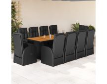 vidaXL 11 Piece Garden Dining Set with Cushions Black Poly Rattan