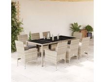 vidaXL 9 Piece Garden Dining Set with Cushions Light Grey Poly Rattan and Glass