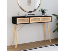 vidaXL Console Table Black 105x30x75 cm Solid Wood Pine&Natural Rattan