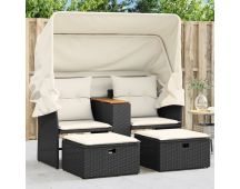 vidaXL Garden Sofa 2-Seater with Canopy and Stools Black Poly Rattan