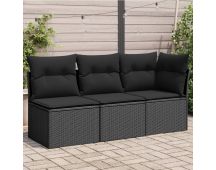 vidaXL Garden Sofa with Cushions 3-Seater Black Poly Rattan