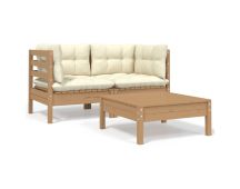 vidaXL 3 Piece Garden Lounge Set with Cream Cushions Solid Pinewood