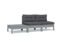 vidaXL 3 Piece Garden Lounge Set with Cushions Grey Solid Pinewood