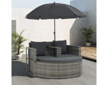 vidaXL 2 Seater Garden Sofa with Cushions and Parasol Grey Poly Rattan