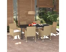 vidaXL 7 Piece Garden Dining Set with Cushions Poly Rattan Beige