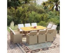 vidaXL 11 Piece Garden Dining Set with Cushions Poly Rattan Beige