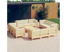 vidaXL 13 Piece Garden Lounge Set with Cream Cushions Pinewood