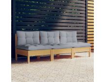 vidaXL 3-Seater Garden Sofa with Grey Cushions Solid Pinewood