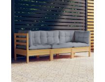 vidaXL 3-Seater Garden Sofa with Grey Cushions Solid Pinewood