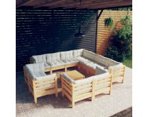 vidaXL 12 Piece Garden Lounge Set with Cream Cushions Solid Pinewood