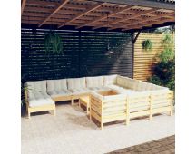 vidaXL 12 Piece Garden Lounge Set with Cream Cushions Pinewood