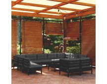 vidaXL 12 Piece Garden Lounge Set with Cushions Black Solid Pinewood