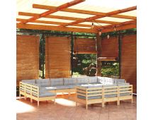 vidaXL 13 Piece Garden Lounge Set with Grey Cushions Pinewood