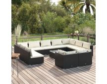 vidaXL 12 Piece Garden Lounge Set with Cushions Black Poly Rattan