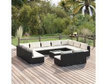 vidaXL 12 Piece Garden Lounge Set with Cushions Black Poly Rattan