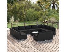 vidaXL 12 Piece Garden Lounge Set with Cushions Black Poly Rattan