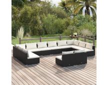 vidaXL 12 Piece Garden Lounge Set with Cushions Black Poly Rattan