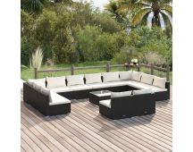 vidaXL 13 Piece Garden Lounge Set with Cushions Black Poly Rattan