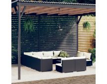 vidaXL 12 Piece Garden Lounge Set with Cushions Black Poly Rattan