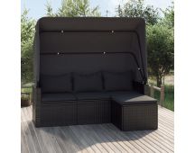 vidaXL 3-Seater Garden Sofa with Roof and Footstool Black Poly Rattan