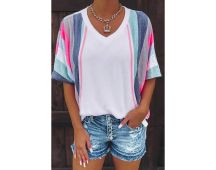 Azura Exchange Patchwork V Neck T-Shirt with Stripe Detail - S